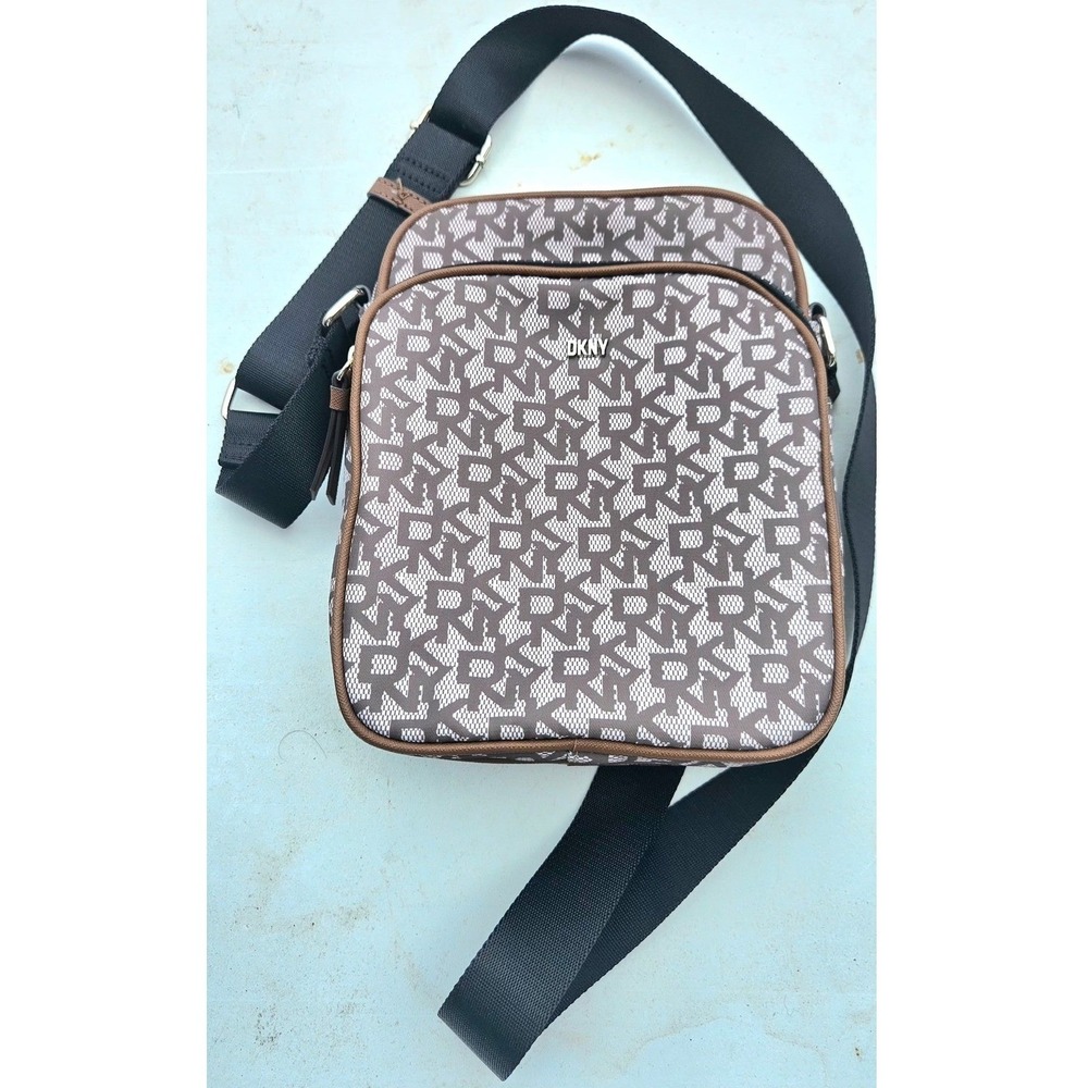 DKNY Crossbody Bag Logo Jacquard Brown Tan Messenger Travel Shoulder Bag Small